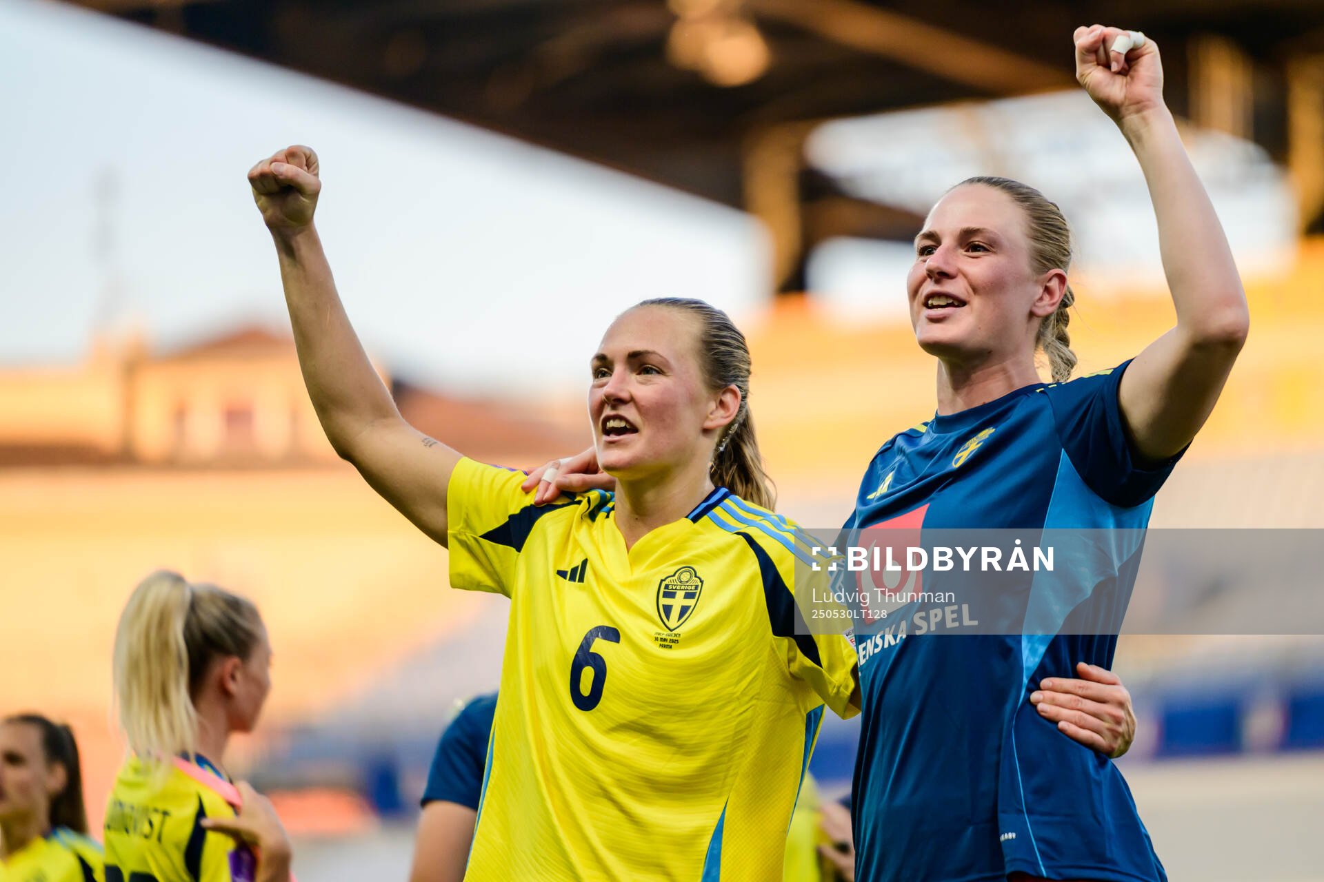 Magdalena Eriksson and goalkeeper Tove Enblom of Sweden