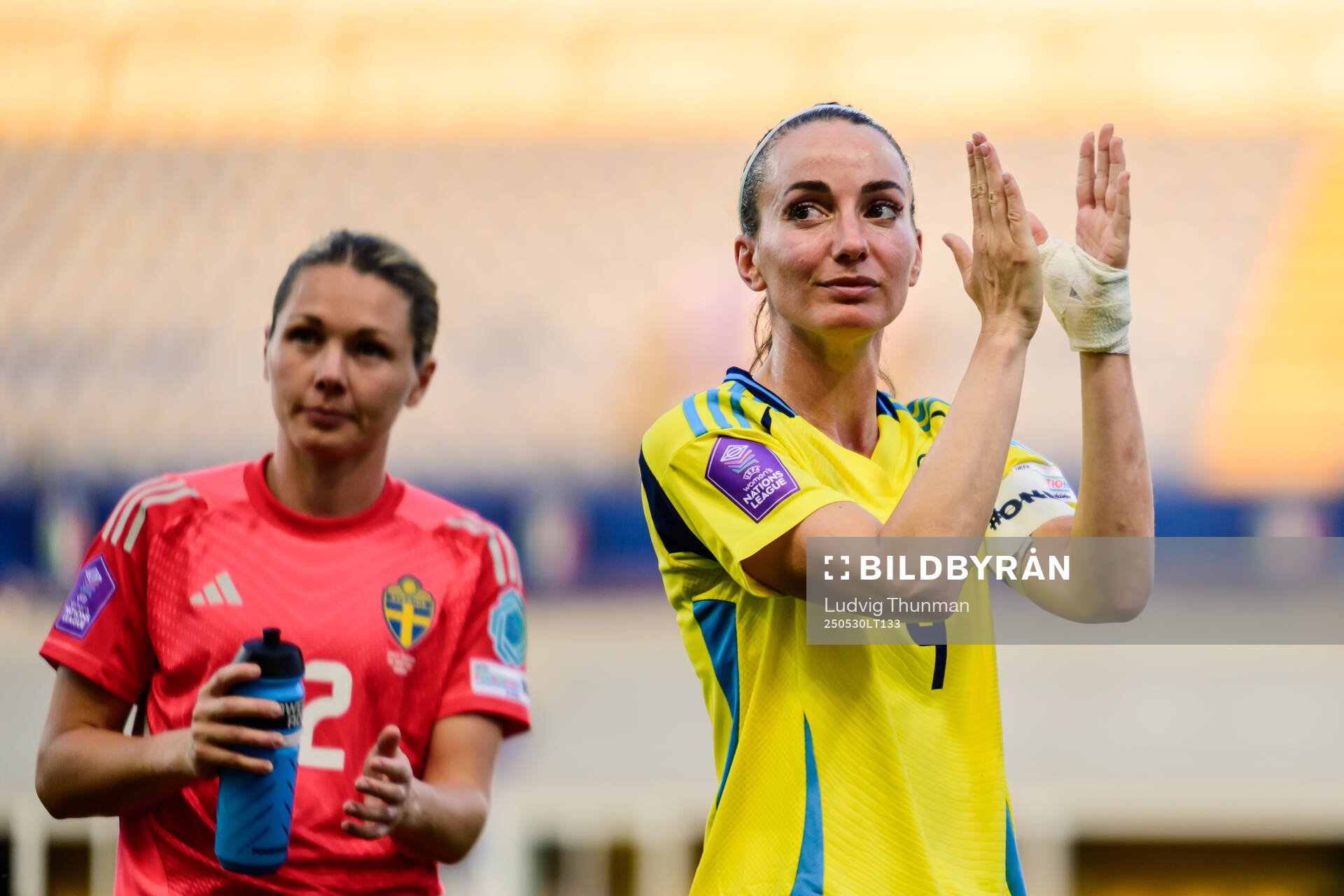 Goalkeeper Jennifer Falk and Kosovare Asllani of Sweden after the Women's Nations League football match between Italy and Sweden on May 30, 2025 in Parma.