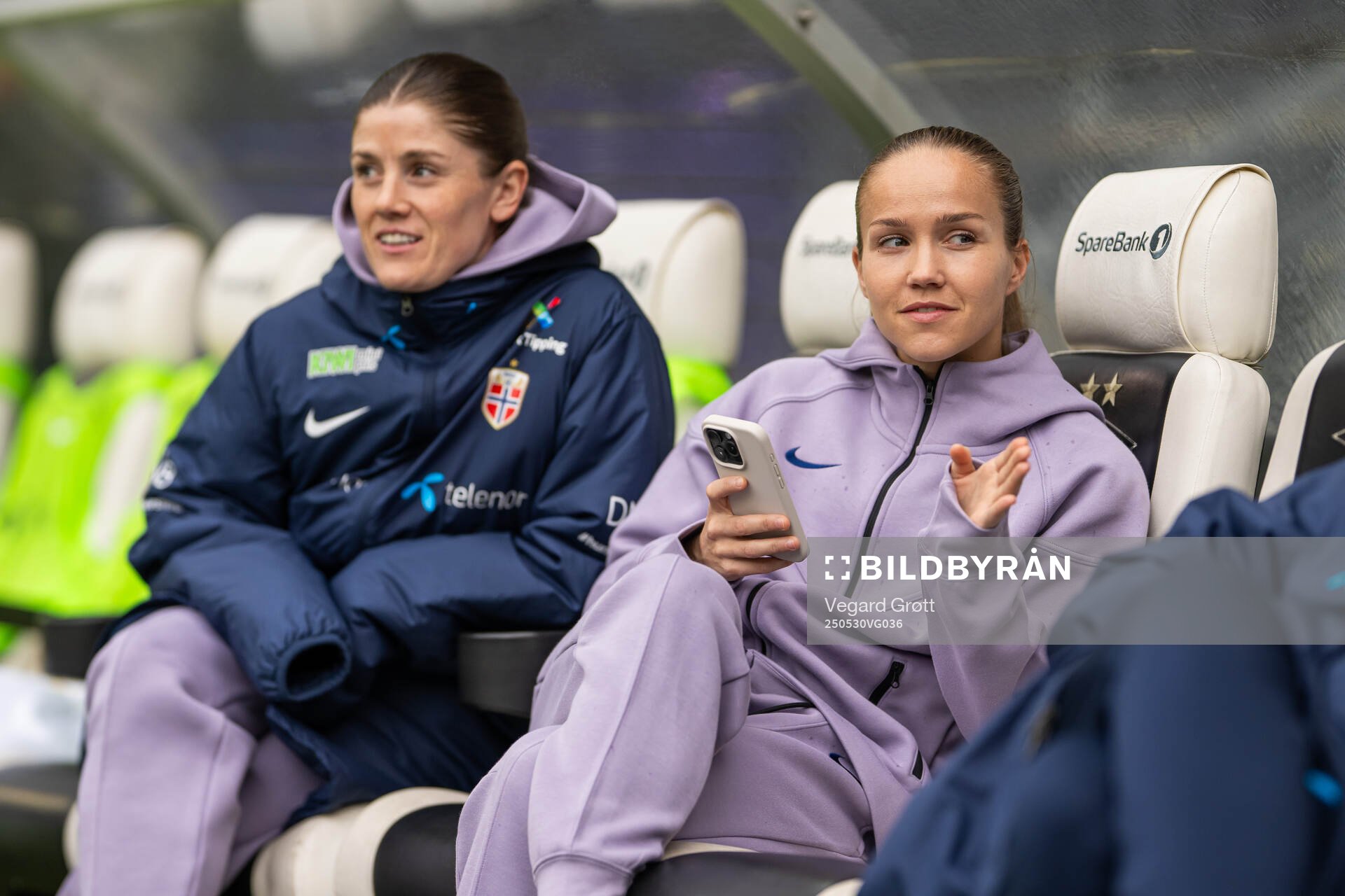 Maren Mjelde and Guro Reiten of Norway ahead of the UEFA Women’s Nations League football match between Norway and Iceland on May 30, 2025 in Trondheim.