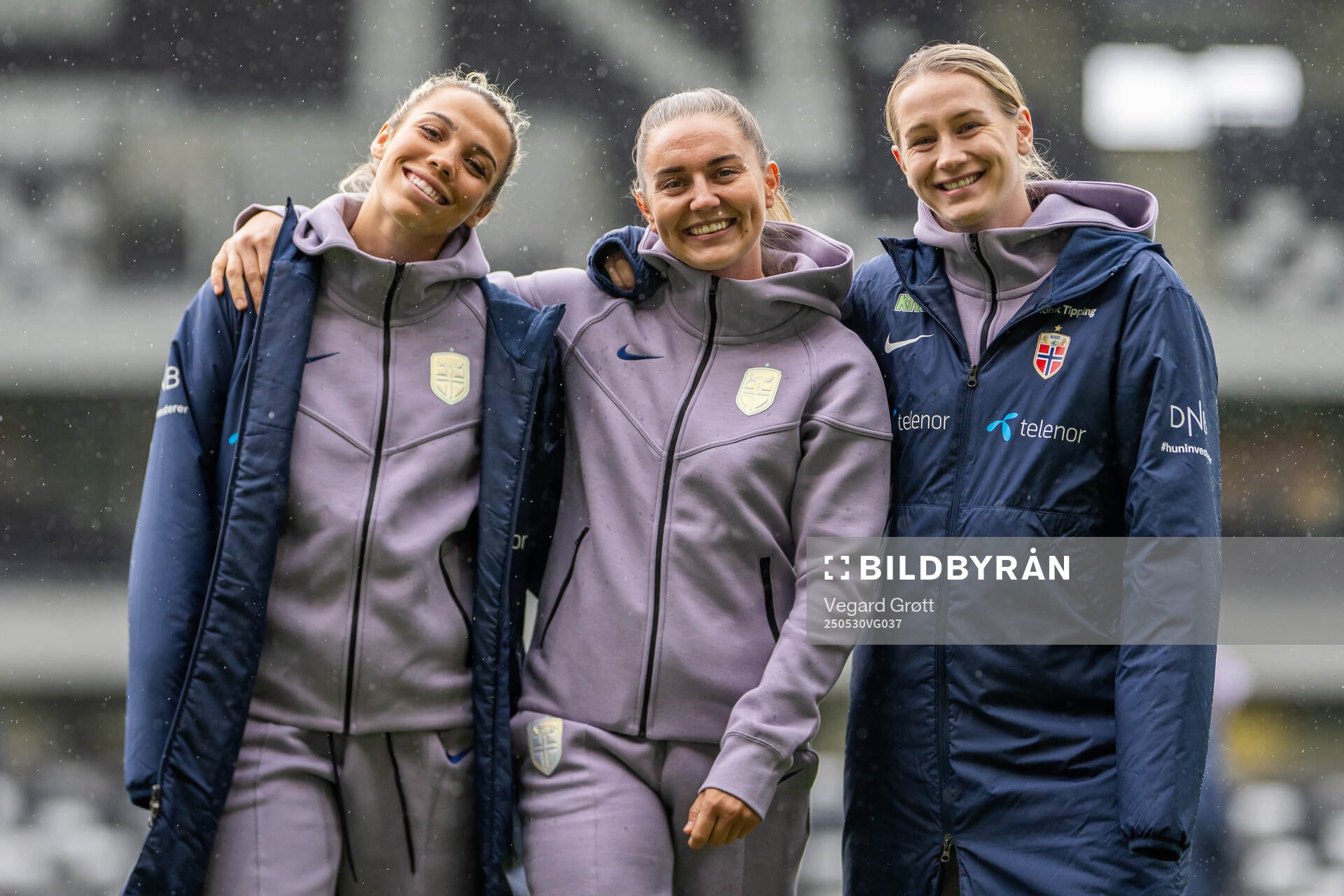 Celin Bizet Ildhusøy, Vilde Bøe Risa and Elisabeth Terland of Norway ahead of the UEFA Women’s Nations League football match between Norway and Iceland on May 30, 2025 in Trondheim.