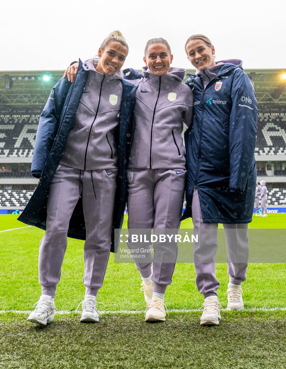 Celin Bizet Ildhusøy, Vilde Bøe Risa and Elisabeth Terland of Norway ahead of the UEFA Women’s Nations League football match between Norway and Iceland on May 30, 2025 in Trondheim.