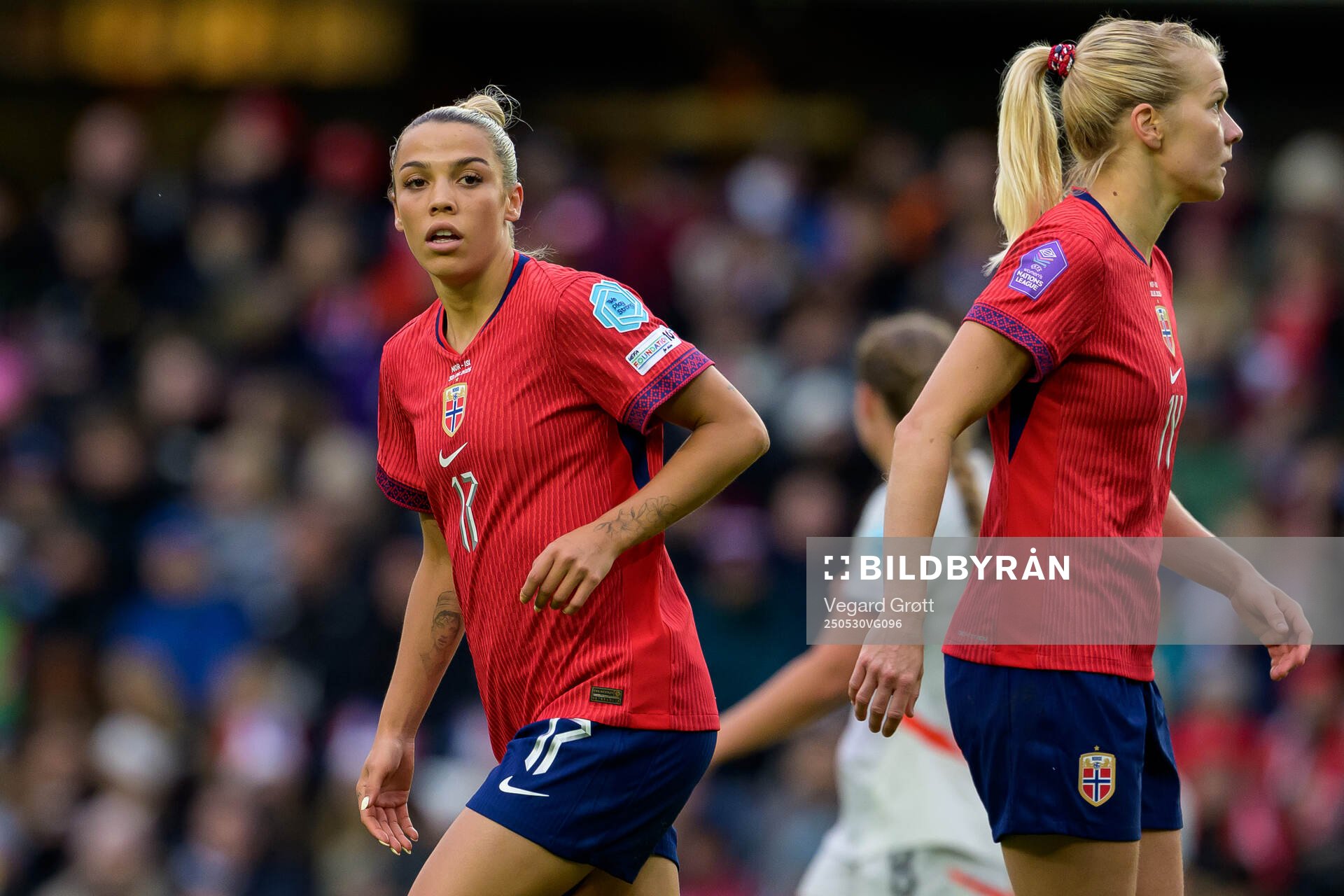 Celin Bizet Ildhusøy and Ada Hegerberg of Norway during the UEFA Women’s Nations League football match between Norway and Iceland on May 30, 2025 in Trondheim.
