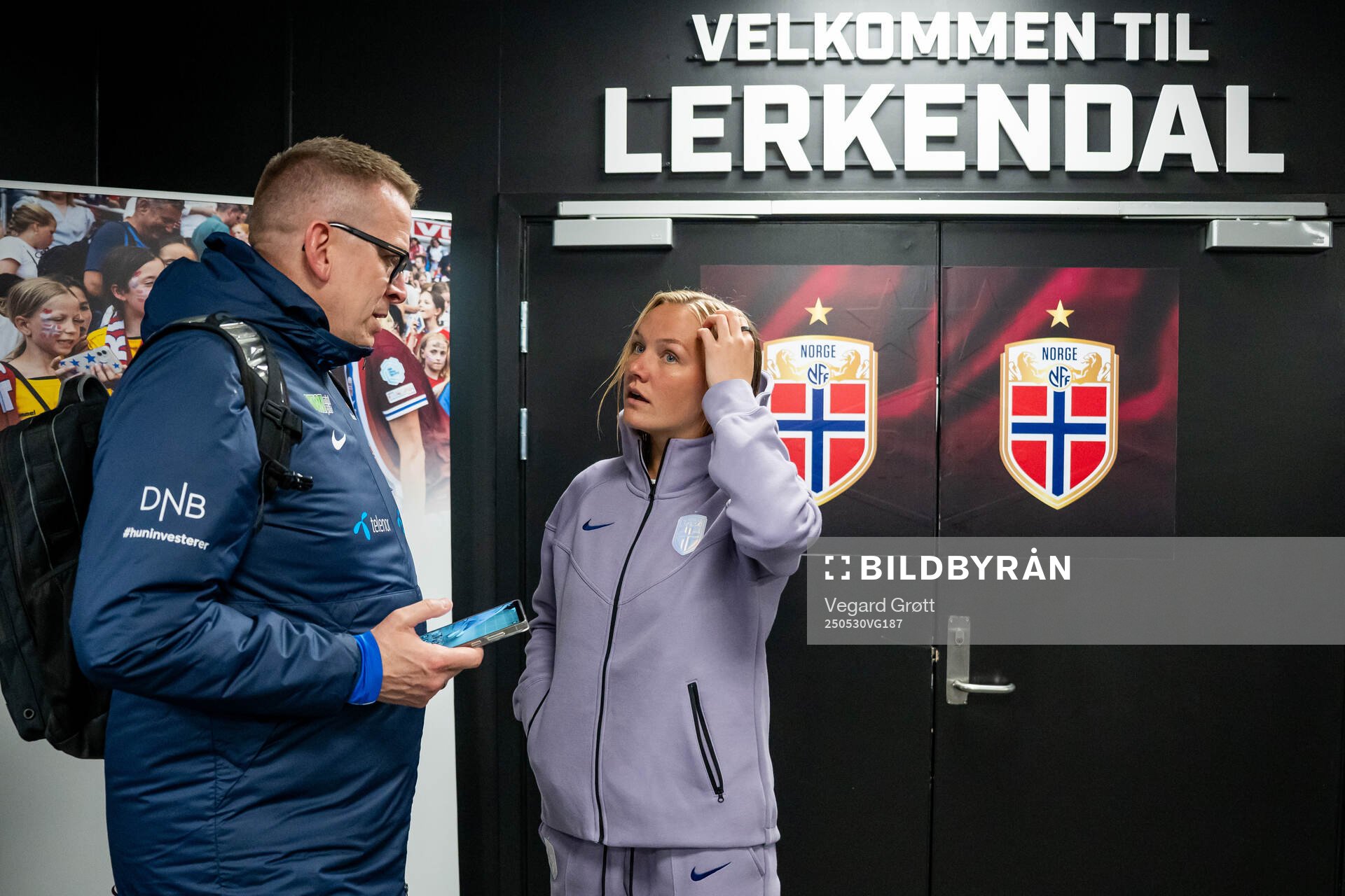 Media officer Henning Sverdrup and Frida Maanum of Norway after the UEFA Women’s Nations League football match between Norway and Iceland on May 30, 2025 in Trondheim.