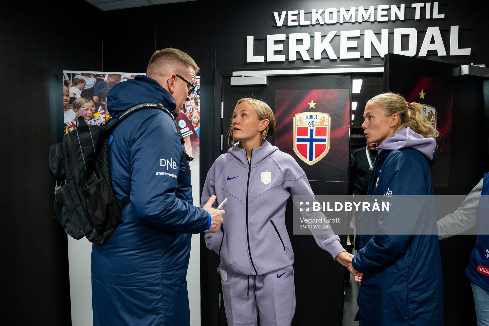 Media officer Henning Sverdrup, Frida Maanum and Guro Bergsvand of Norway after the UEFA Women’s Nations League football match between Norway and Iceland on May 30, 2025 in Trondheim. 