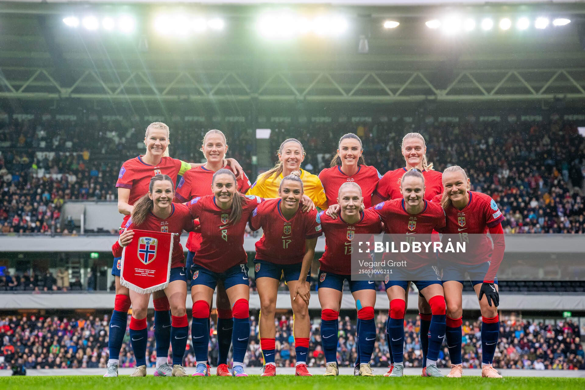 The starting eleven of Norway pose for a team photo ahead of the UEFA Women’s Nations League football match between Norway and Iceland on May 30, 2025 in Trondheim. Top left: Ada Hegerberg, Guro Bergsvand, goalkeeper Cecilie Fiskerstrand, Ingrid Syrstad Engen and Mathilde Harviken. Front left: Tuva Hansen, Vilde Bøe Risa, Celin Bizet Ildhusøy, Thea Bjelde, Caroline Graham Hansen and Frida Maanum.