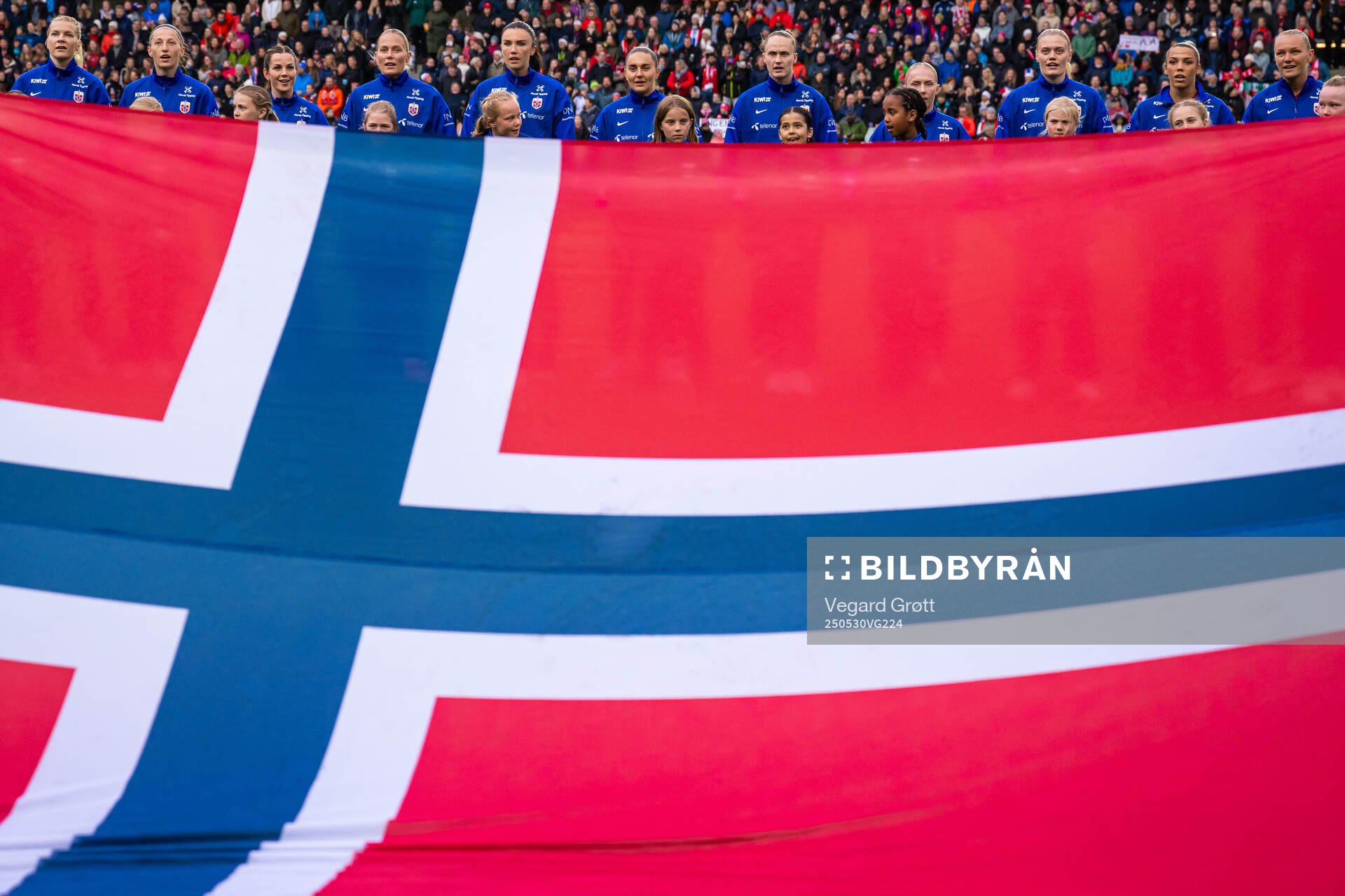 Players of Norway line up ahead of the UEFA Women’s Nations League football match between Norway and Iceland on May 30, 2025 in Trondheim. From left: Ada Hegerberg, goalkeeper Cecilie Fiskerstrand, Tuva Hansen, Guro Bergsvand, Ingrid Syrstad Engen, Vilde Bøe Risa, Caroline Graham Hansen, Thea Bjelde, Mathilde Harviken, Celin Bizet Ildhusøy and Frida Maanum.