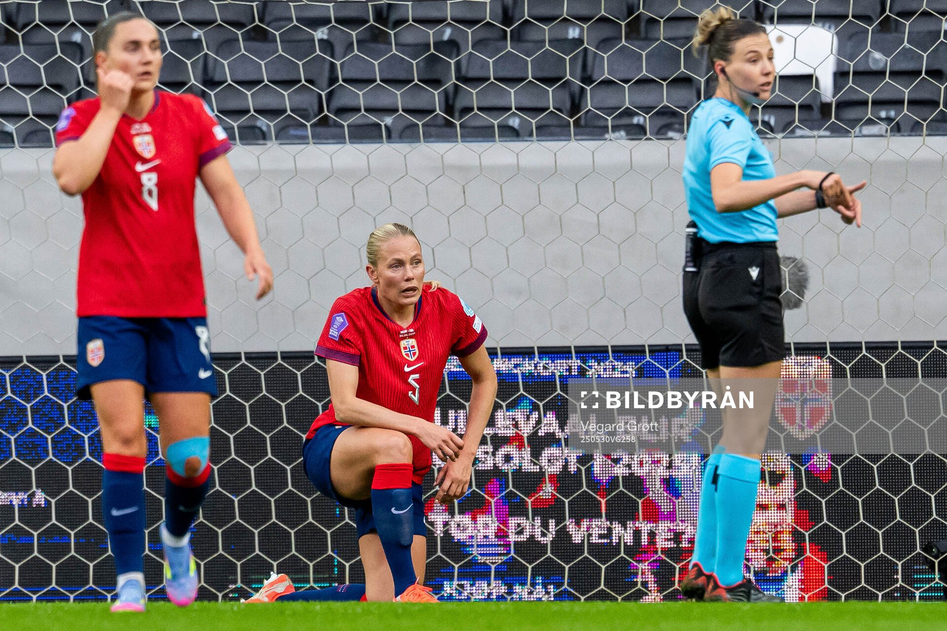 Guro Bergsvand of Norway in pain during the UEFA Women’s Nations League football match between Norway and Iceland on May 30, 2025 in Trondheim.