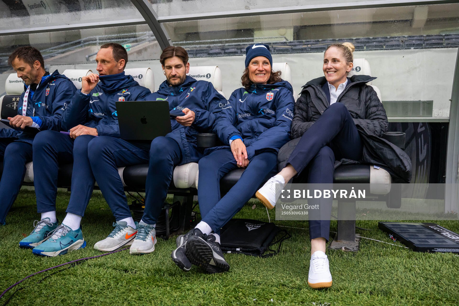 Assistant coach Terje Skjeldestad, analyst Simon Hansen, assistant coach Ingvild Stensland and head coach Gemma Grainger of Norway ahead of during the UEFA Women’s Nations League football match between Norway and Iceland on May 30, 2025 in Trondheim.
