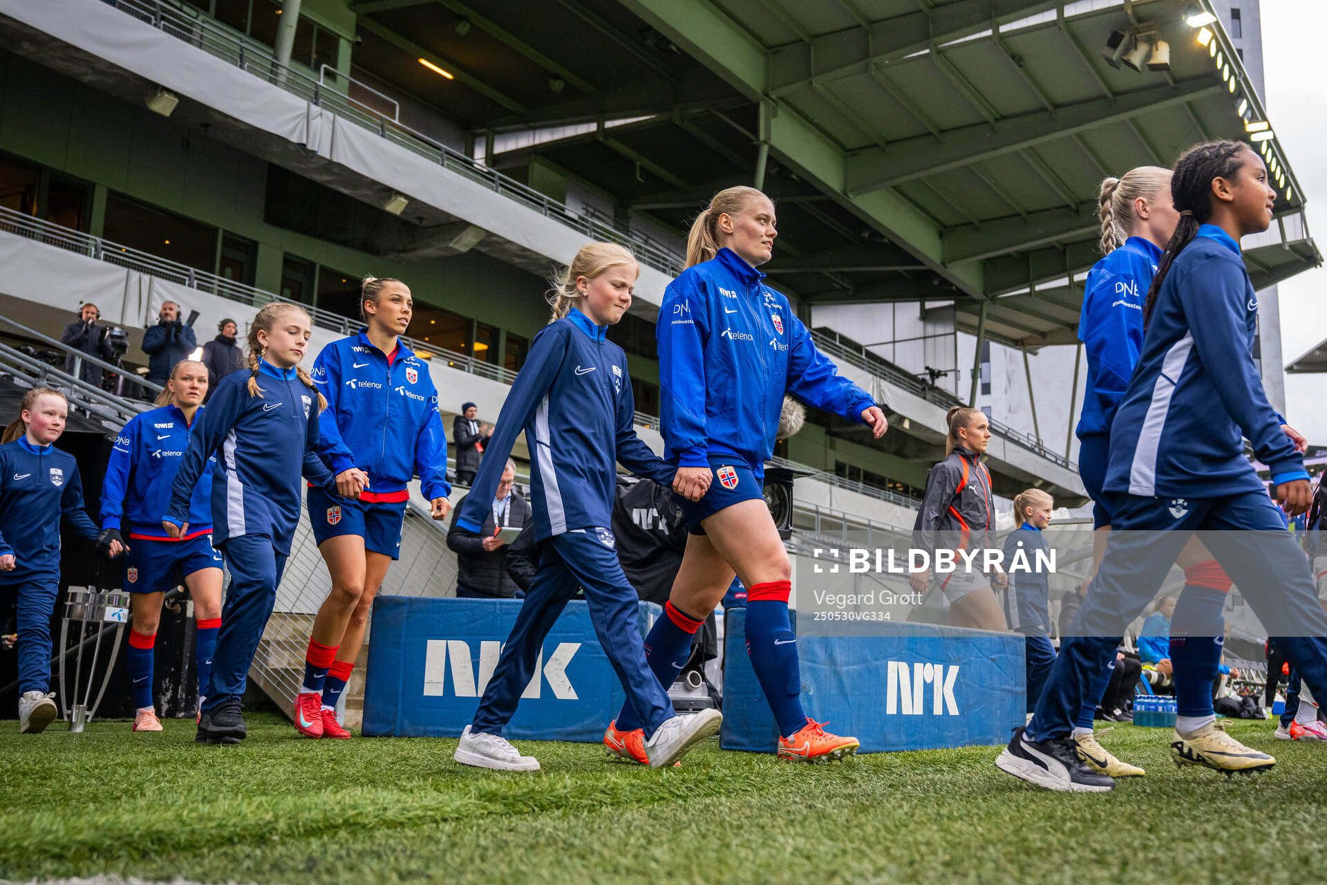Mathilde Harviken of Norway enters the pitch ahead of the UEFA Women’s Nations League football match between Norway and Iceland on May 30, 2025 in Trondheim.