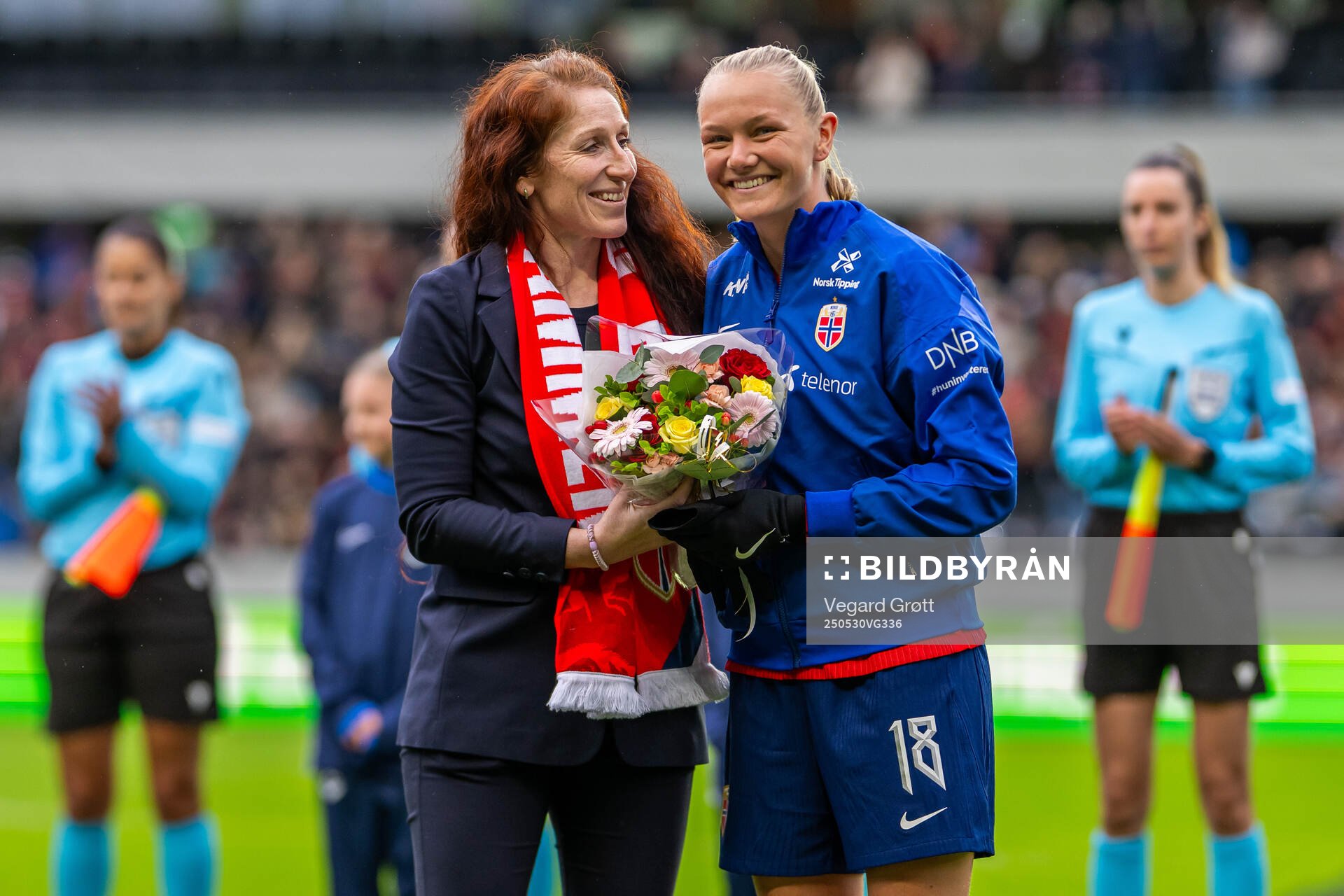Lise Klaveness, president of the Norwegian Football Association (NFF), and Frida Maanum of Norway ahead of the UEFA Women’s Nations League football match between Norway and Iceland on May 30, 2025 in Trondheim.