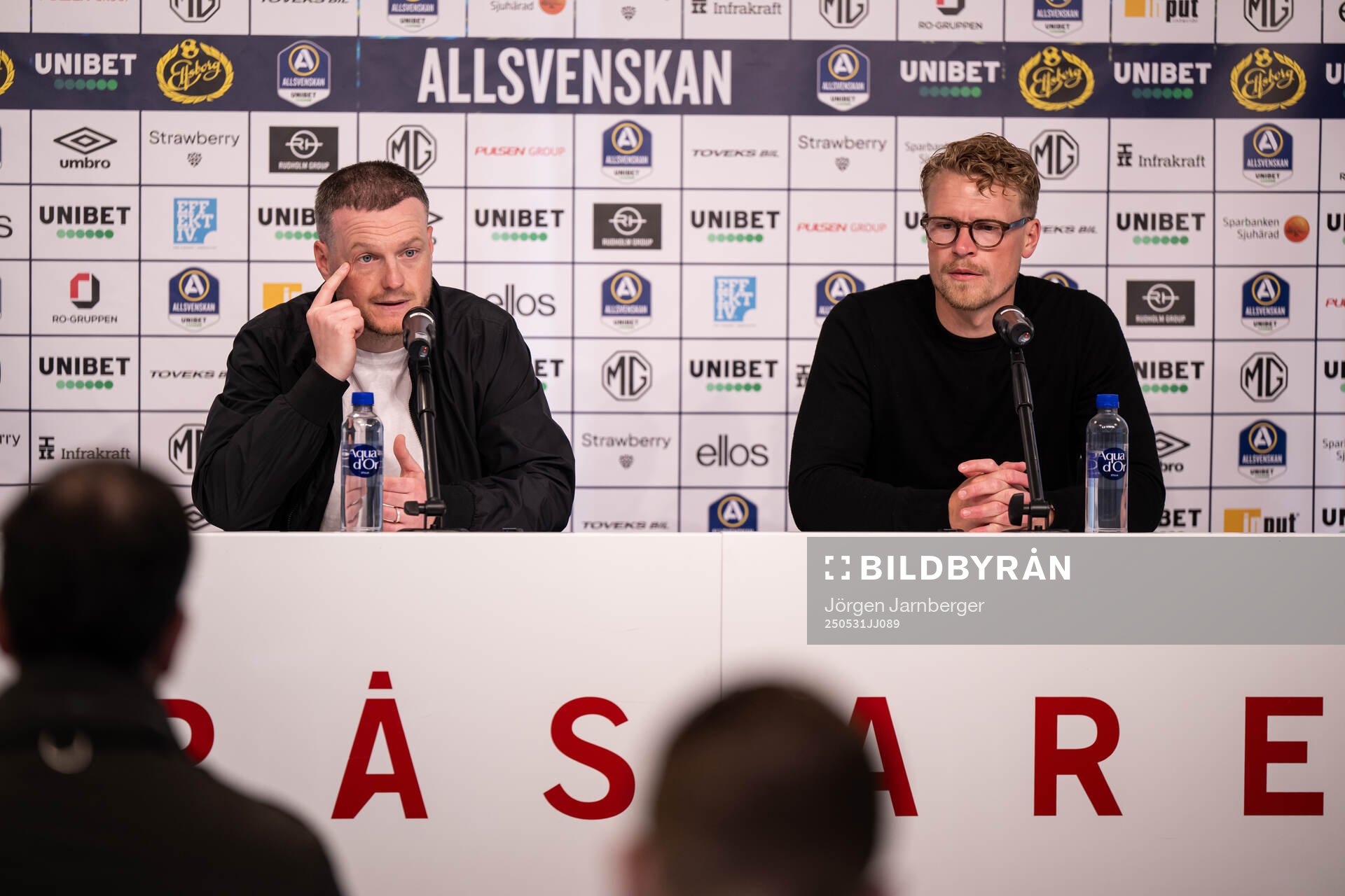 Hammarbys tränare Kim Hellberg och Elfsborgs tränare Oscar Hiljemark under presskonferensen efter fotbollsmatchen i Allsvenskan mellan Elfsborg och Hammarby den 31 maj 2025 i Borås.
