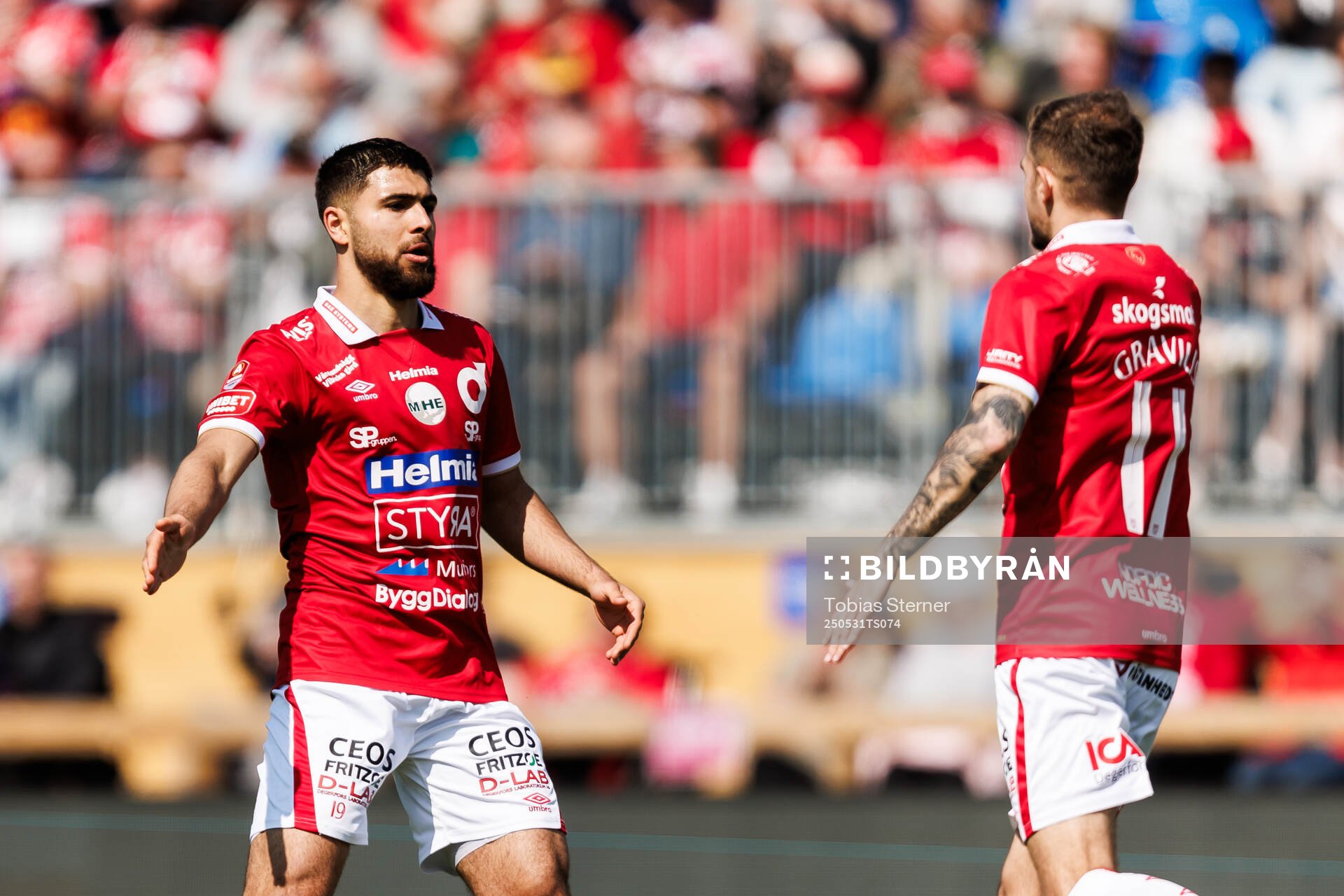 Degerfors Omar Faraj och Christos Gravius jublar efter 1-1 under fotbollsmatchen i Allsvenskan mellan Degerfors och Öster den 31 maj 2025 i Degerfors.