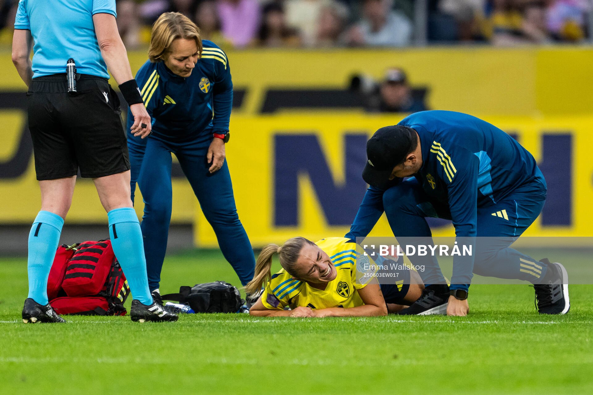 Fridolina Rolfö of Sweden receives medical attention