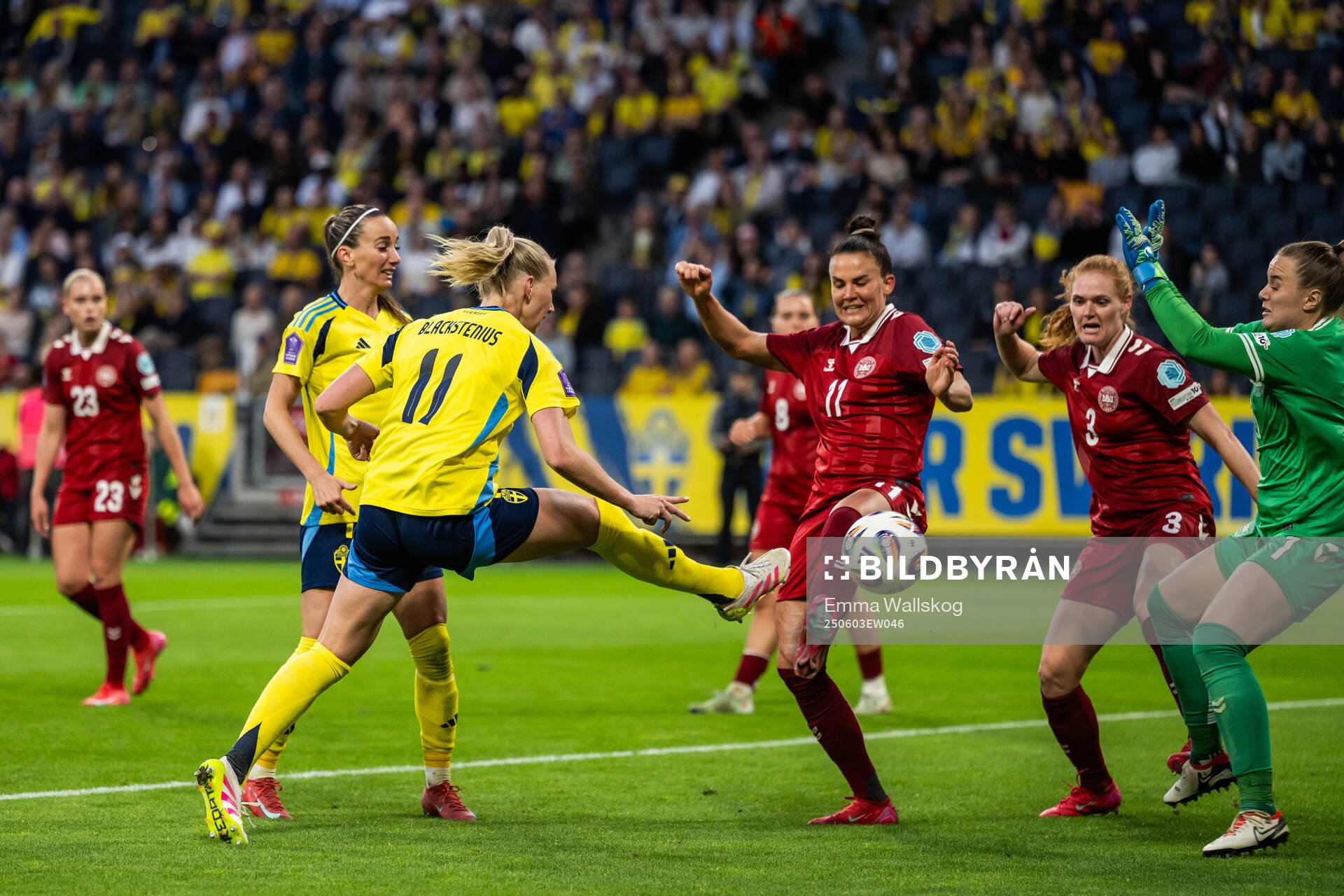 Stina Blackstenius of Sweden scores 5-1 past Katrine Veje,