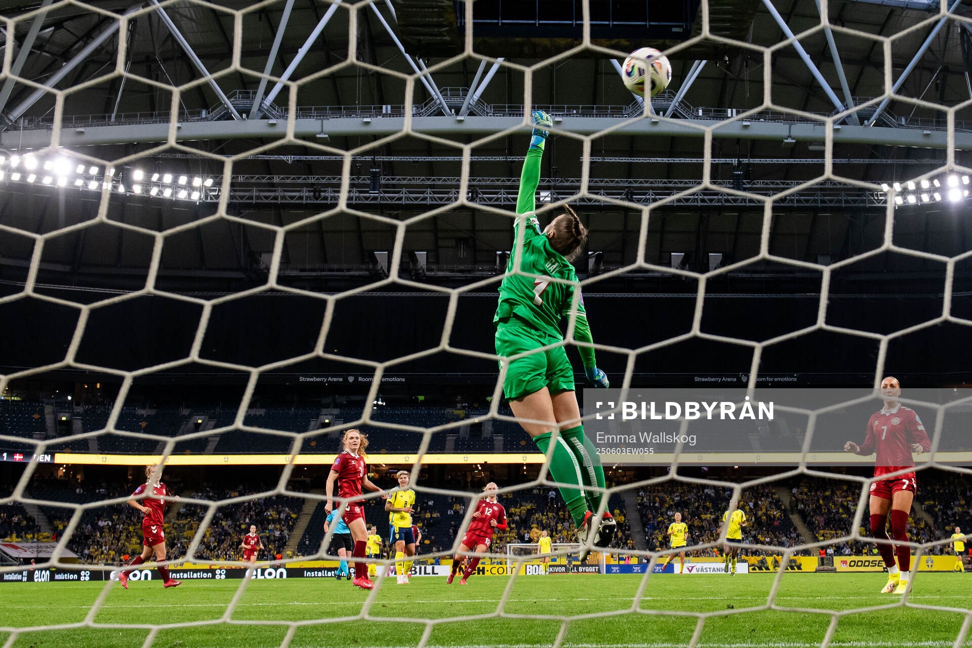 Lina Hurtig of Sweden scores 6-1 behind goalkeeper Maja Bay