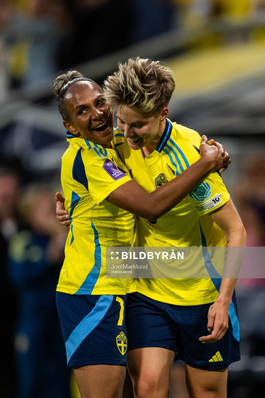 Madelen Janogy and Lina Hurtig of Sweden celebrate