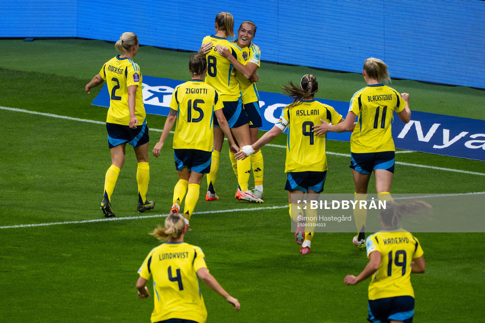 Filippa Angeldahl of Sweden celebrates with team mates