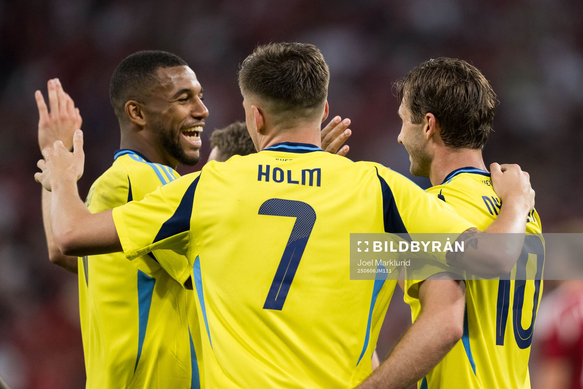 Isak Hien, Emil Holm and Benjamin Nygren of Sweden celebrate