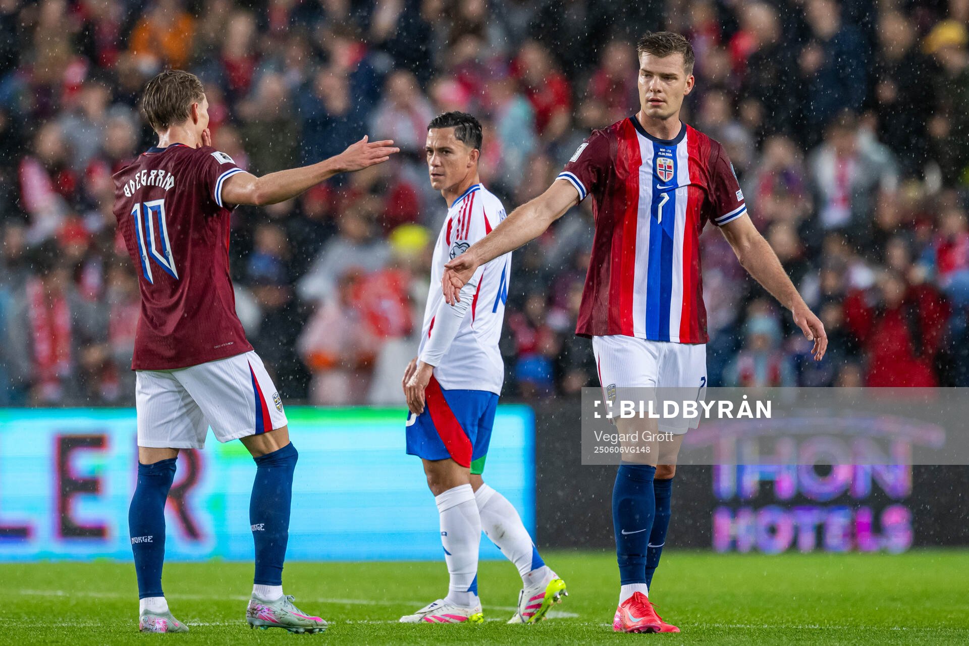 Martin Ødegaard and Alexander Sørloth of Norway celebrate