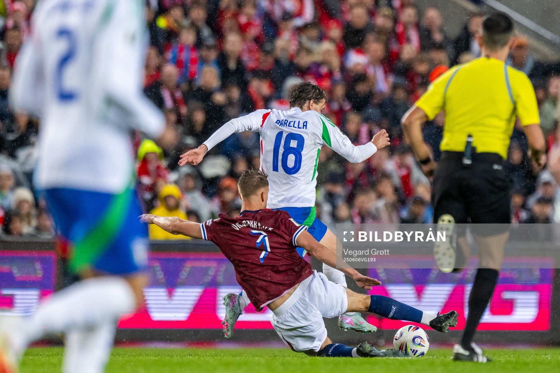 Kristoffer Ajer of Norway and Nicolo Barella of Italy