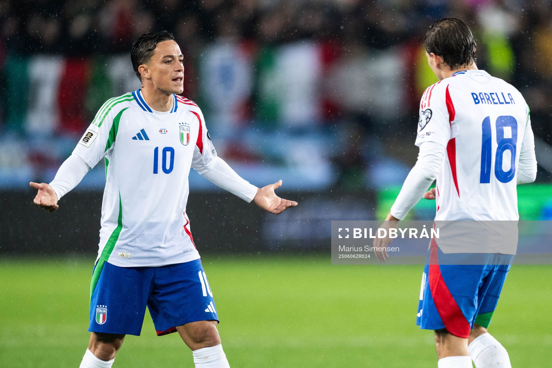 Giacomo Raspadori and Nicolo Barella of Italy