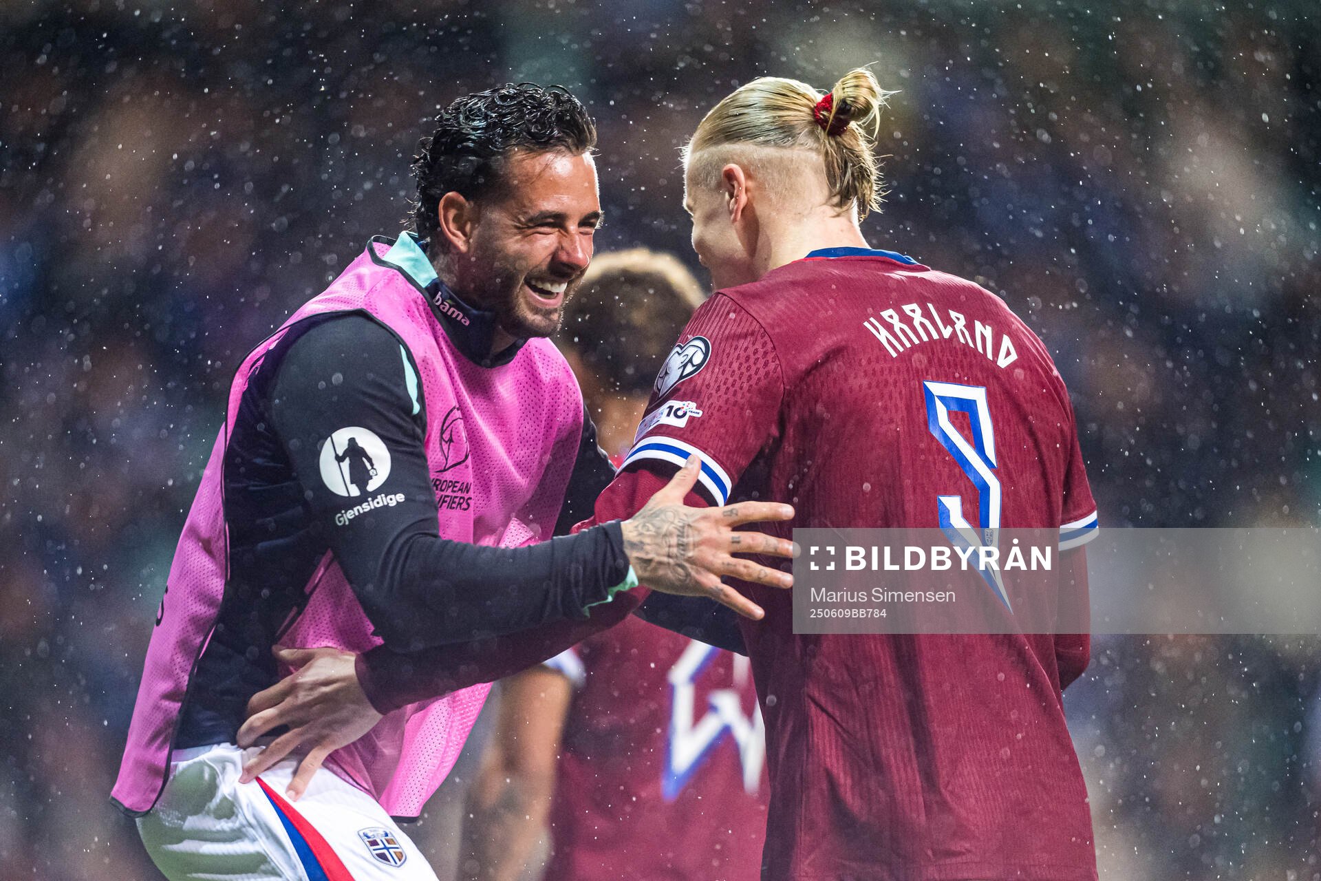 Erling Braut Haaland of Norway celebrates with Aron Dønnum