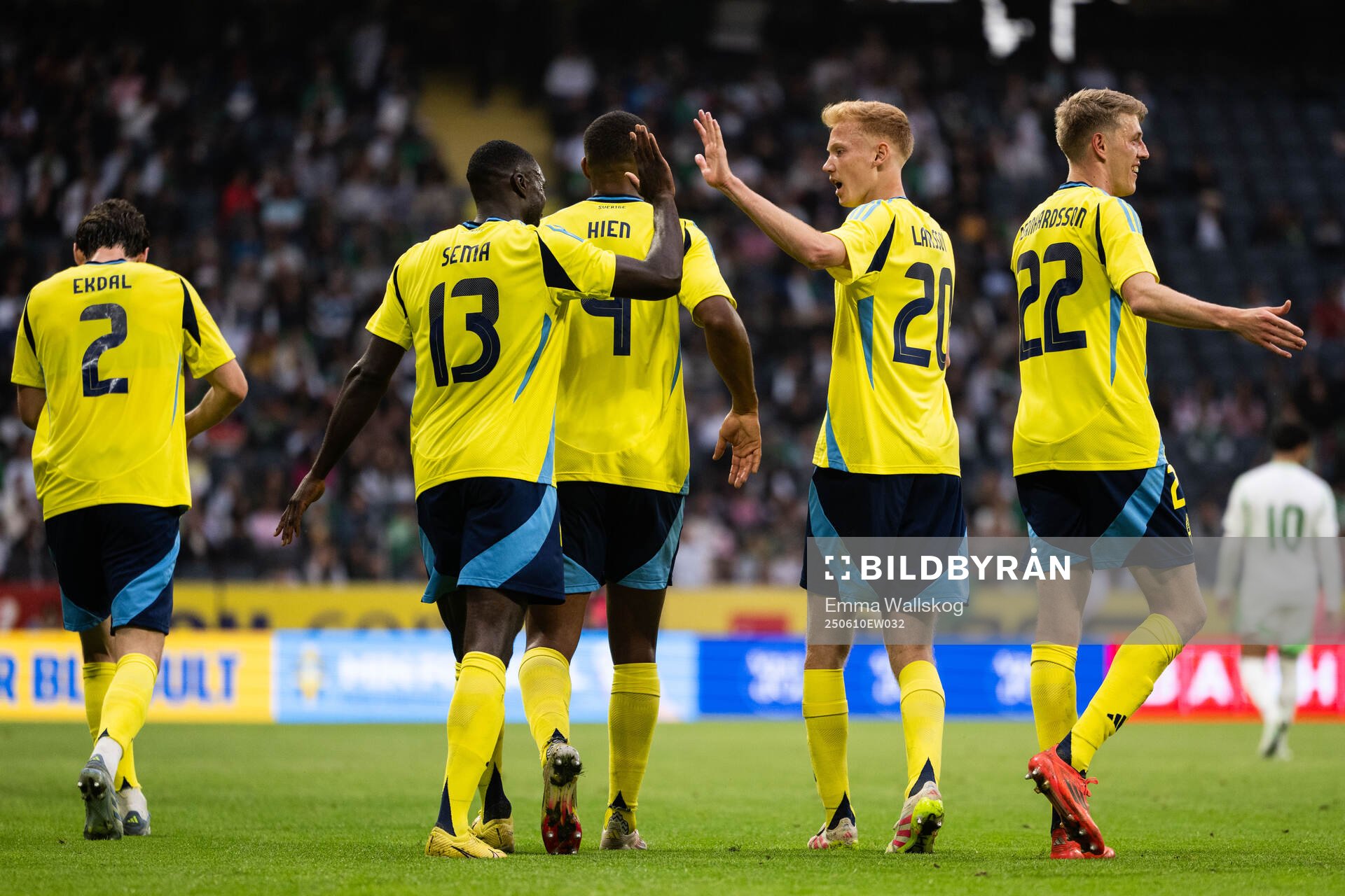 Ken Sema of Sweden celebrates with Isak Hien, Hugo Larsson