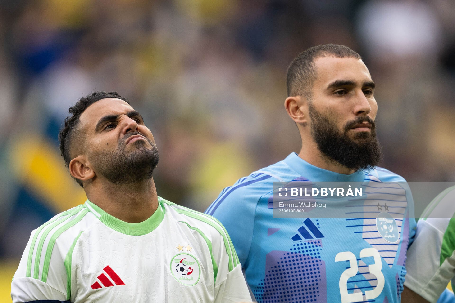 Riyad Mahrez and goalkeeper Anthony Mandrea of Algeria