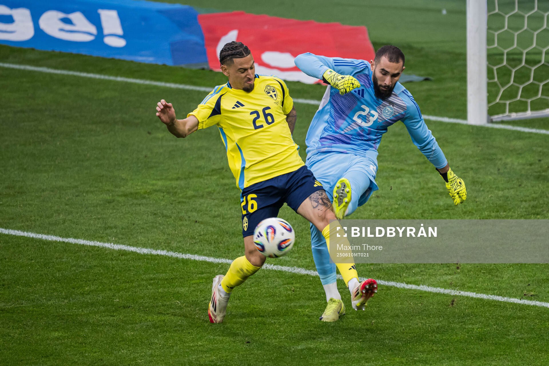 Jordan Larsson of Sweden and goalkeeper Anthony Mandrea of