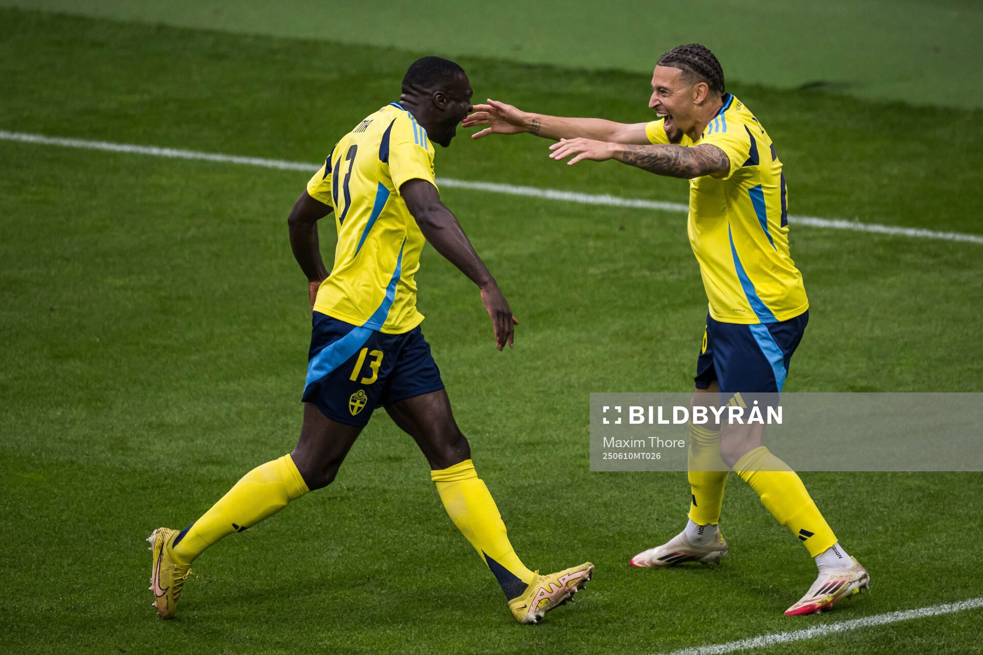 Ken Sema and Jordan Larsson of Sweden celebrating the 1-0