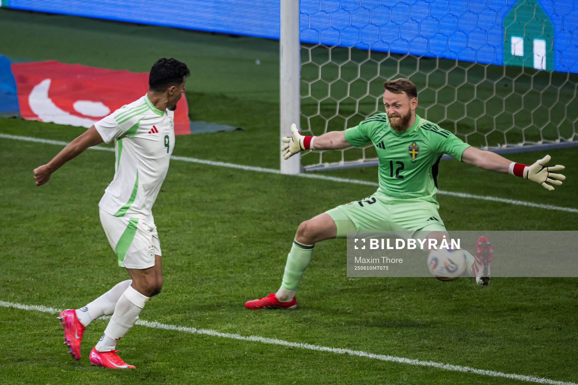 Baghdad Bounedjah of Algeria against goalkeeper Viktor