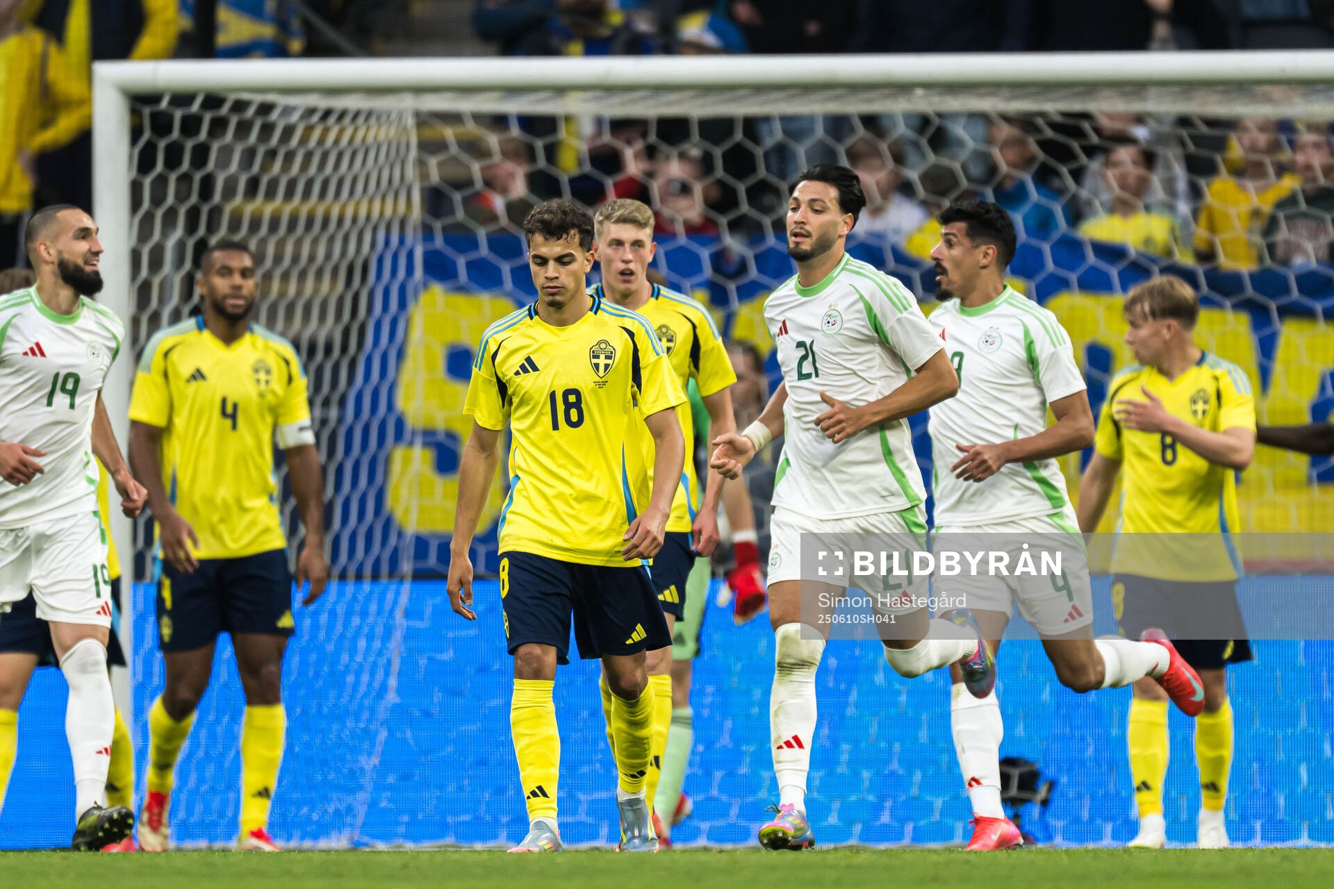 Yasin Ayari of Sweden looks dejected and Ramy Bensebaini of