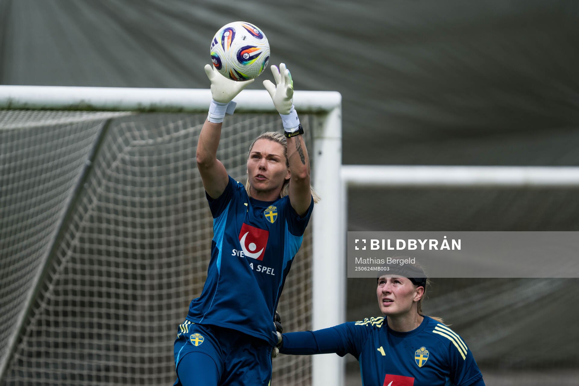 Goalkeeper Jennifer Falk and Goalkeeper Tove Enblom of the