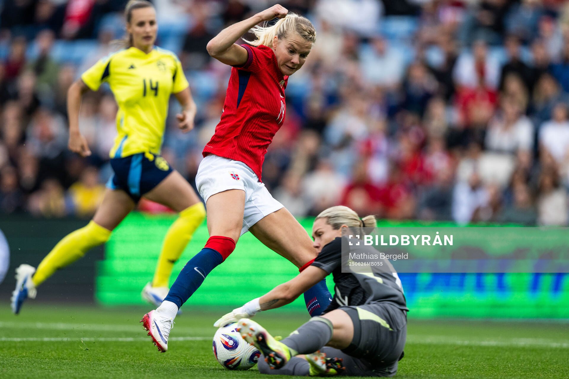 Ada Hegerberg of Norway and goalkeeper Jennifer Falk of