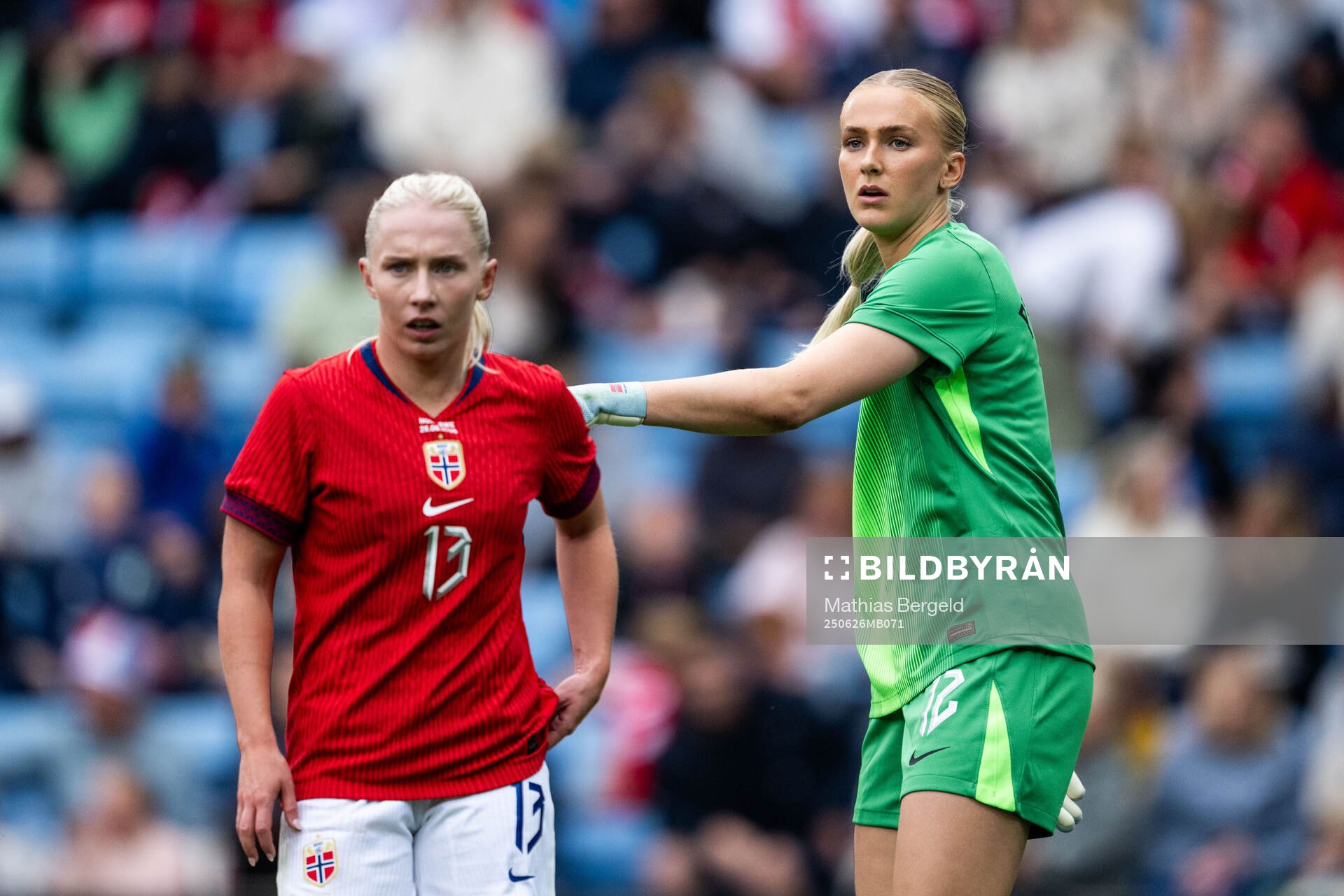 Thea Bjelde and goalkeeper Selma Panengstuen of Norway