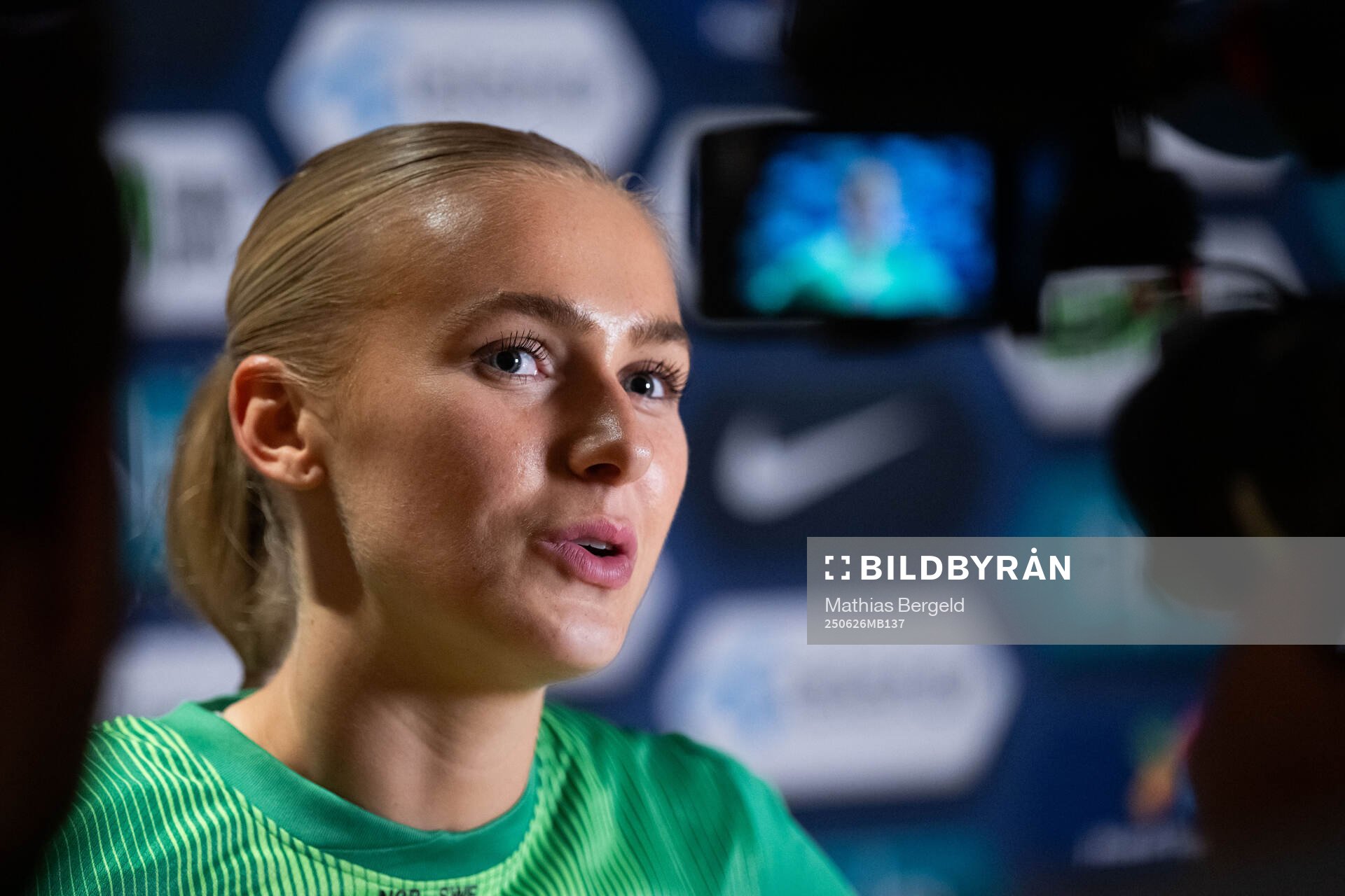 Goalkeeper Selma Panengstuen of Norway in mixed zone