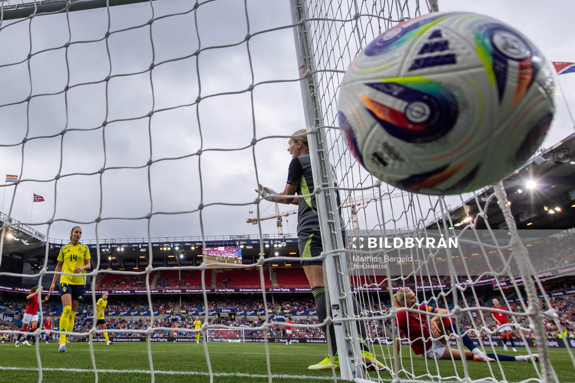 Nathalie Björna and goalkeeper Jennifer Falk of Sweden