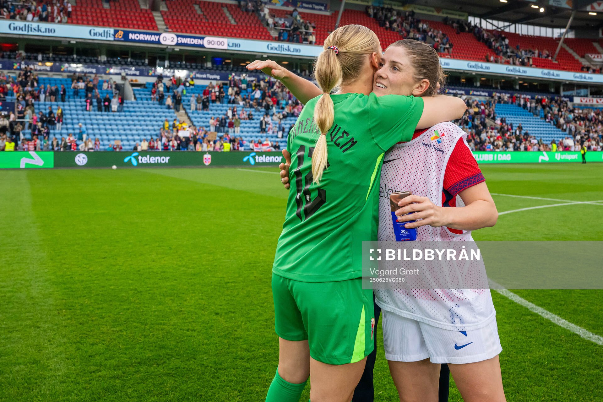 Goalkeeper Selma Panengstuen and Maren Mjelde of Norway