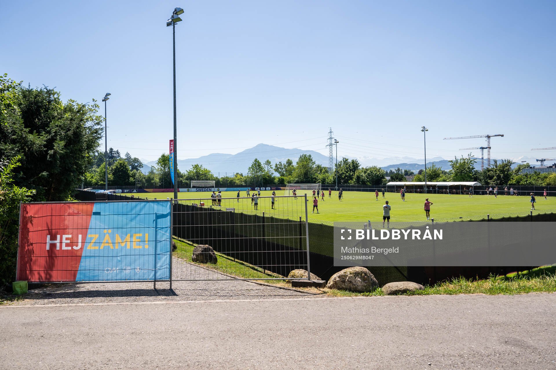 General view of the pitch at a training session with the