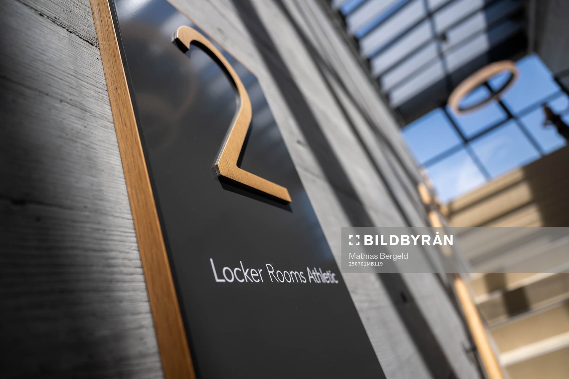 A sign for locker rooms is seen at a walk around at OYM the