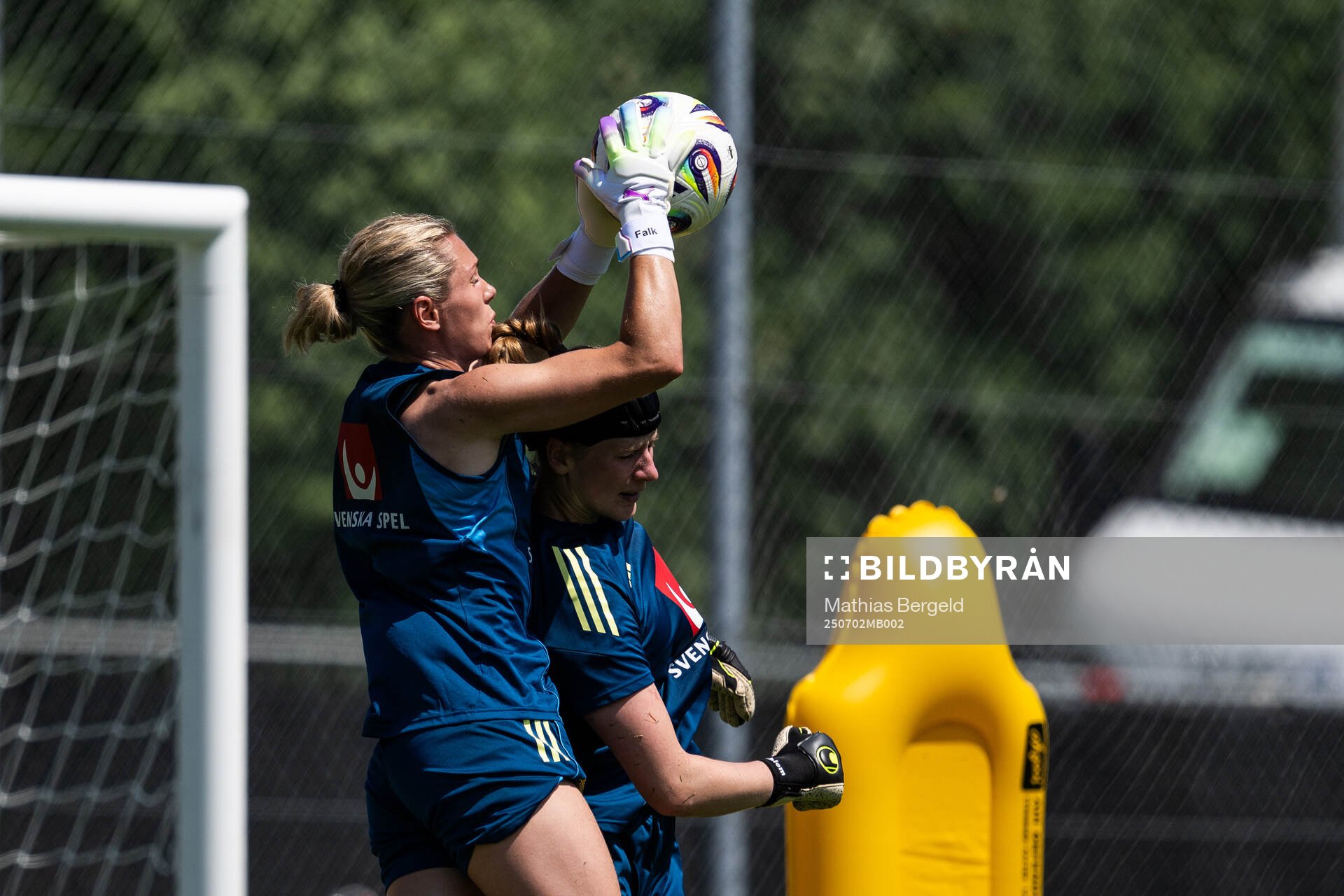 Goalkeeper Jennifer Falk and goalkeeper Tove Enblom of the