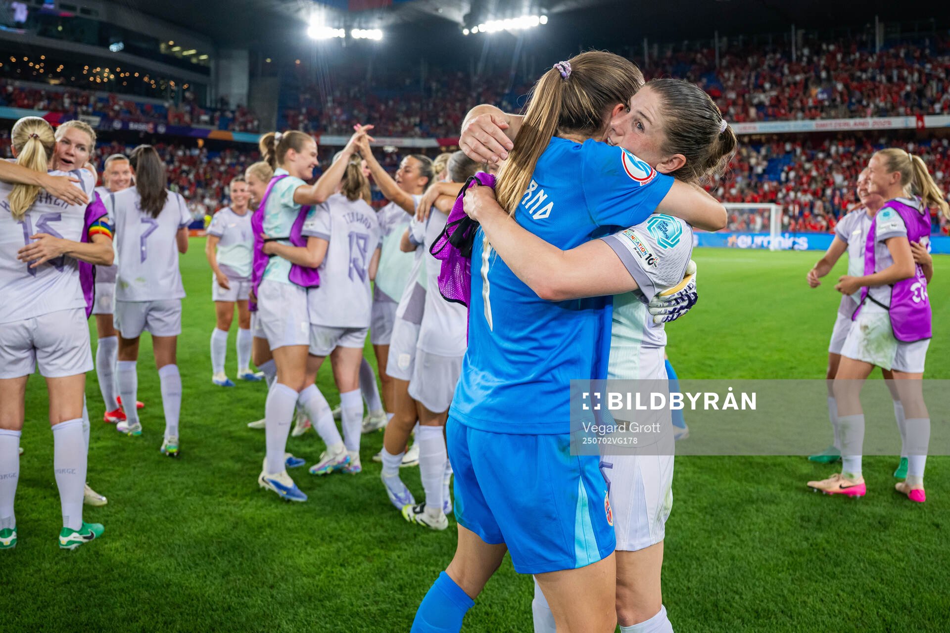Goalkeeper Cecilie Fiskerstrand and Maren Mjelde of Norway