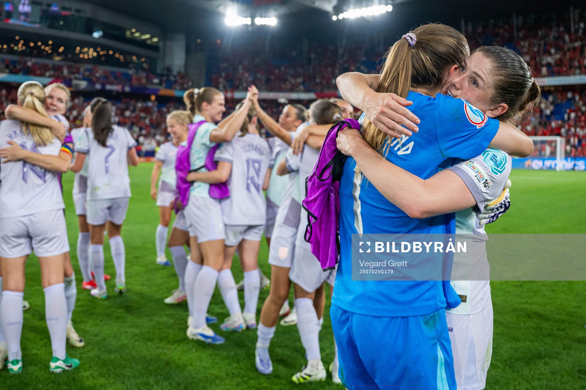 Goalkeeper Cecilie Fiskerstrand and Maren Mjelde of Norway