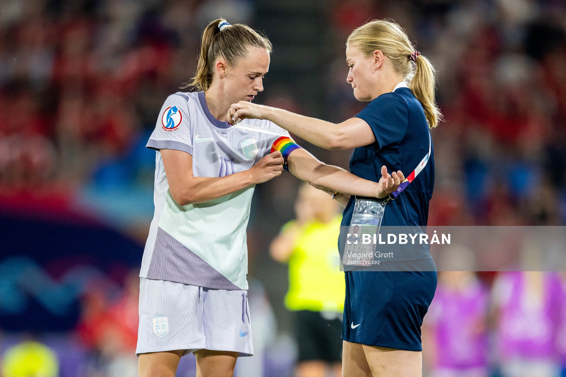 Caroline Graham Hansen of Norway gets help with the