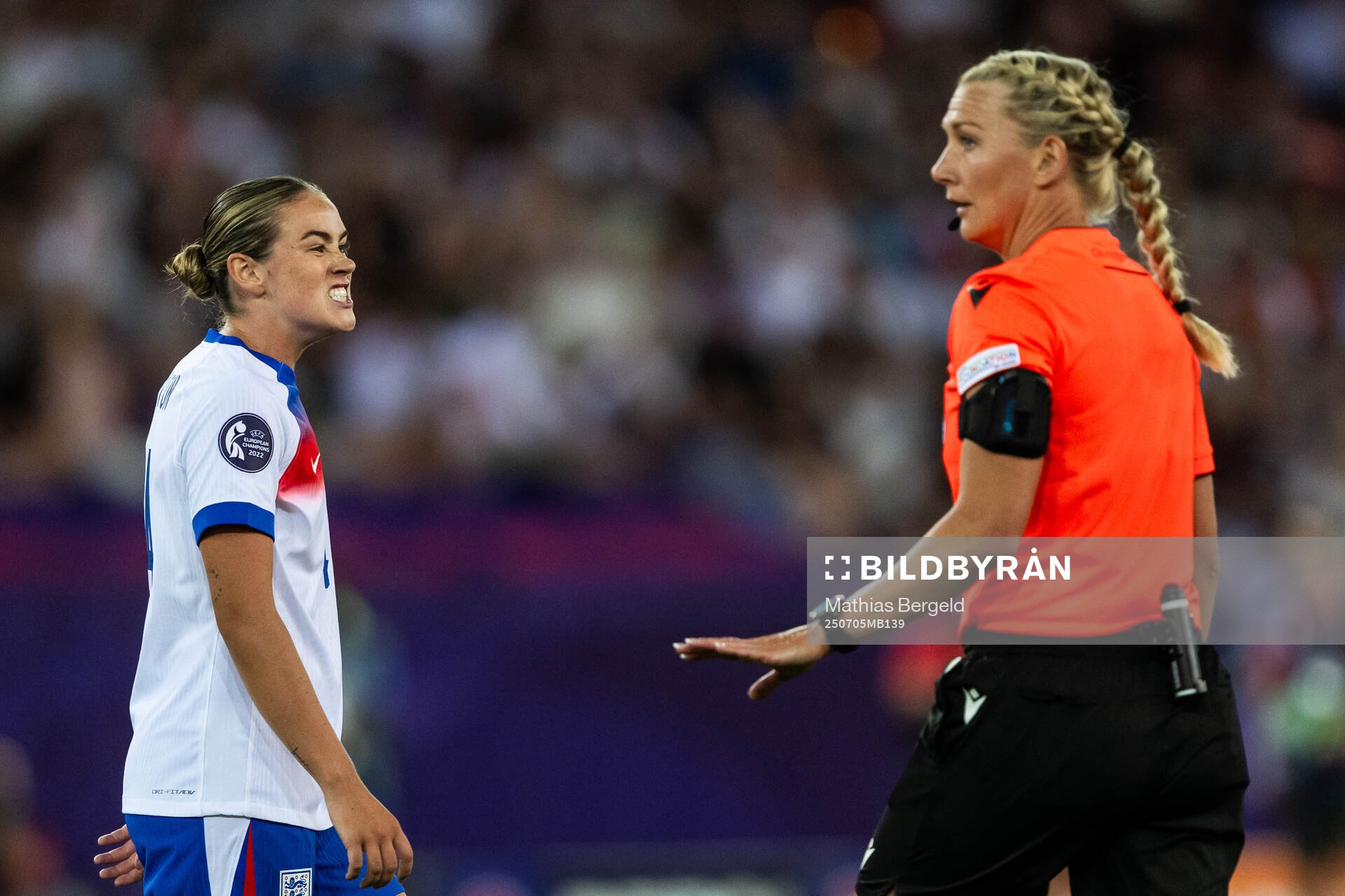 Grace Clinton of England reacts next to referee Tess