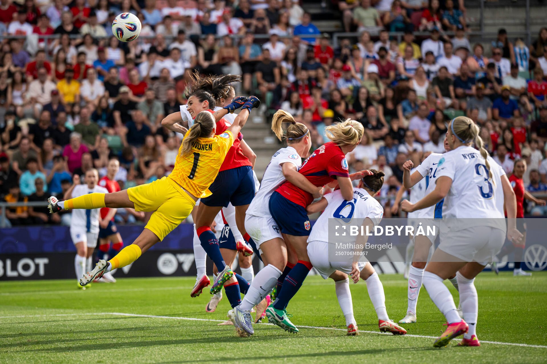 Goalkeeper Anna Koivunen of Finland and Ingrid Syrstad