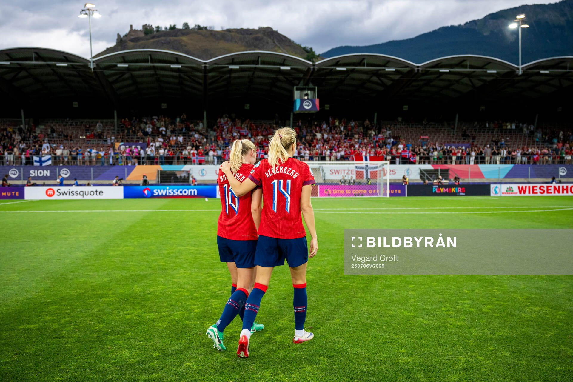 Mathilde Harviken and Ada Hegerberg of Norway celebrate