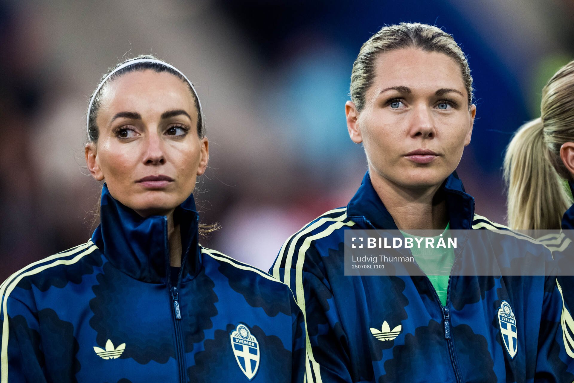 Kosovare Asllani and goalkeeper Jennifer Falk of Sweden