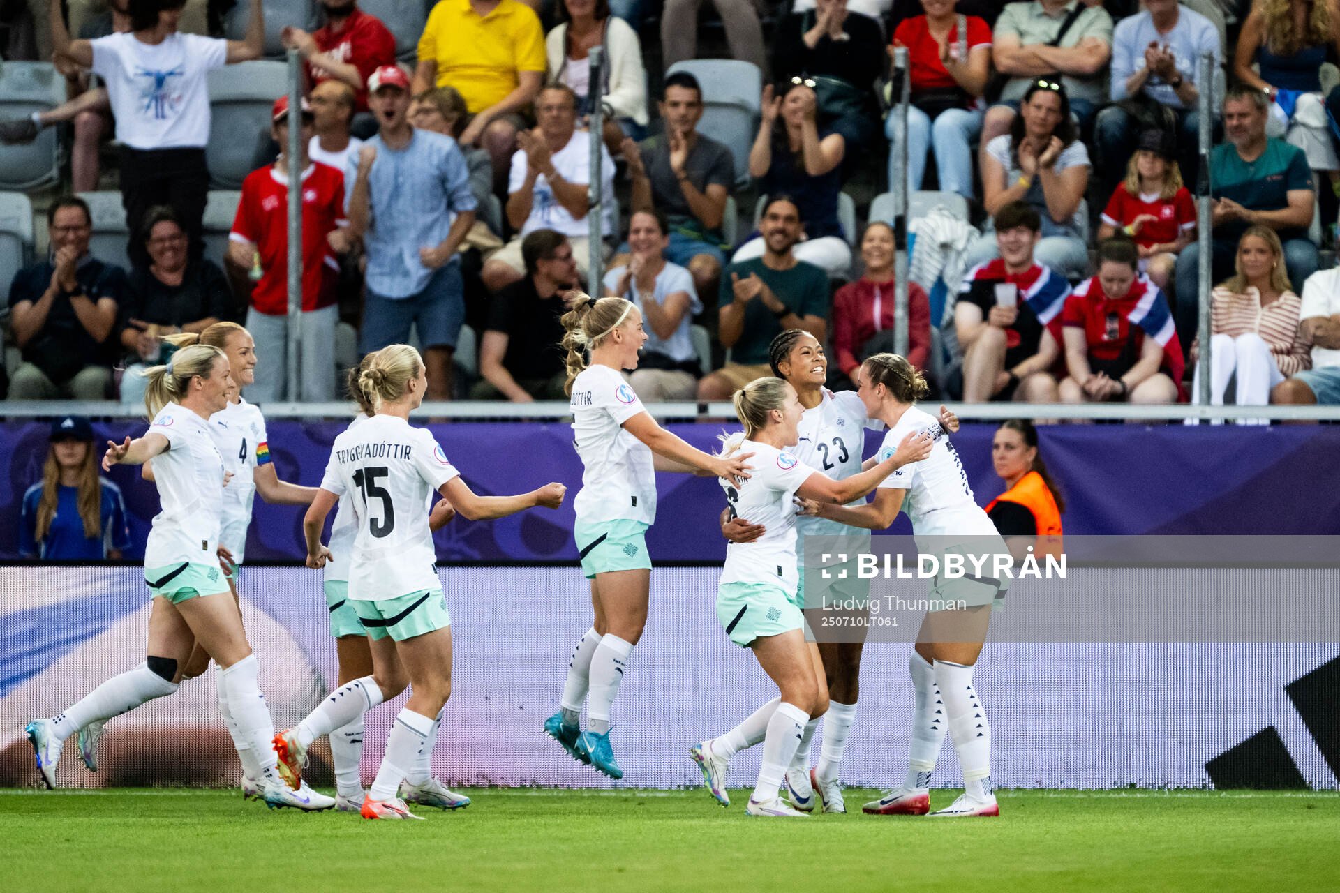 Sveindis Jonsdottir of Iceland celebrates with team mates