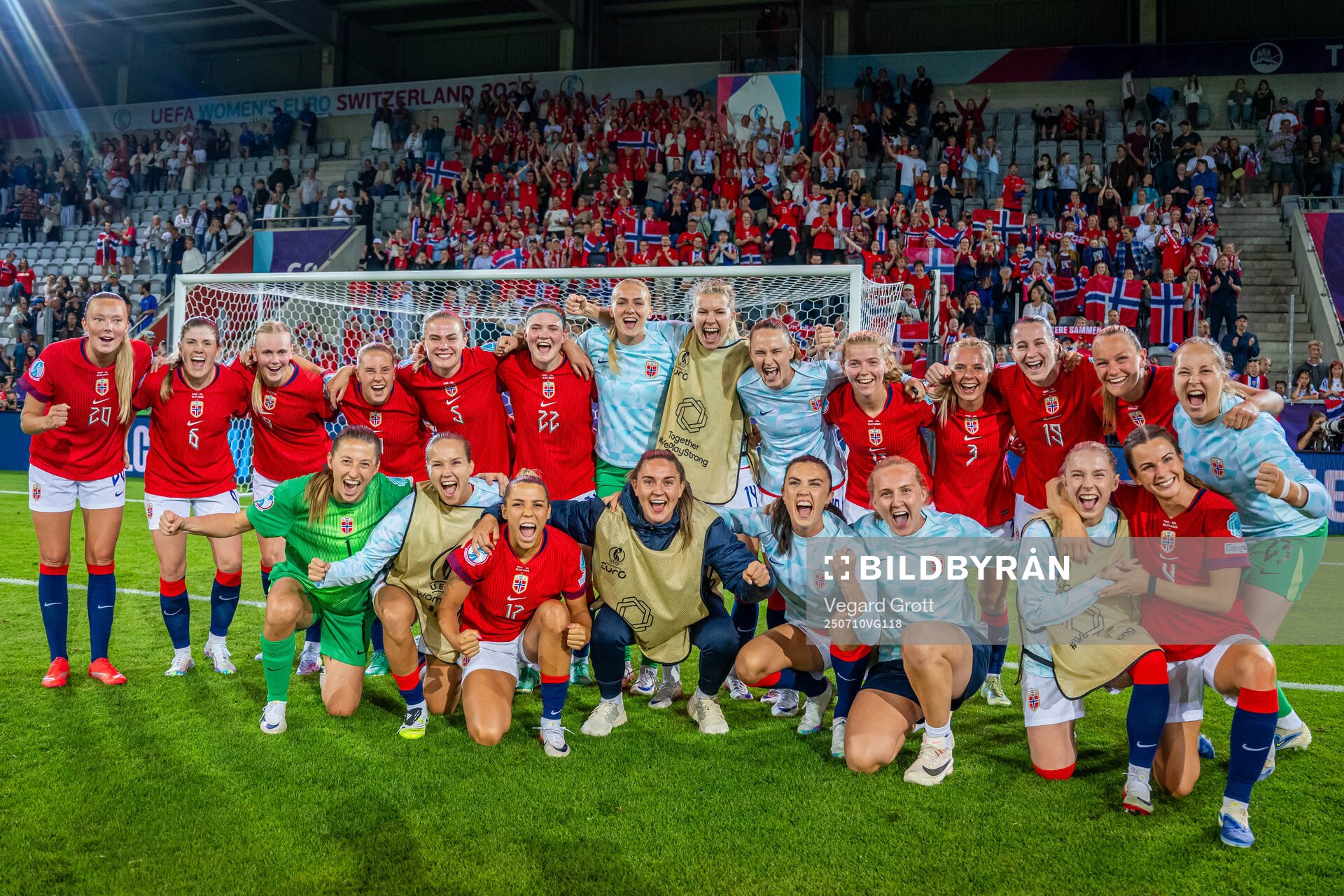 Players and fans of Norway celebrate